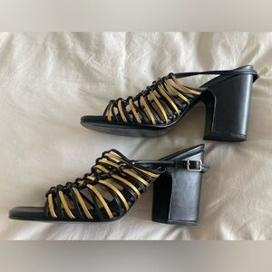 NWOT—Rachel Comey black & gold strappy chunk heel sling back mules.